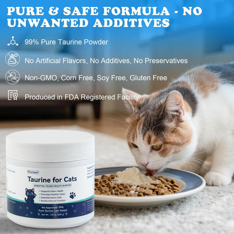 Taurine for Cats, Cat Taurine Supplement for Heart, Vision, Coat Support, Easy to Mix in Food, Unflavored Taurine Powder for All Ages Including Kittens – 200g(7 oz)