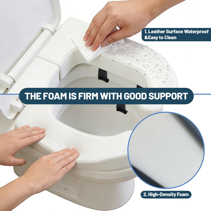 2 Inch Toilet Seat Riser Elevated for Seniors & Handicap, High Density Foam Padded Raised Toilet Seat Cushion, Fits Standard Elongated Toilets, Soft PU Leather, White