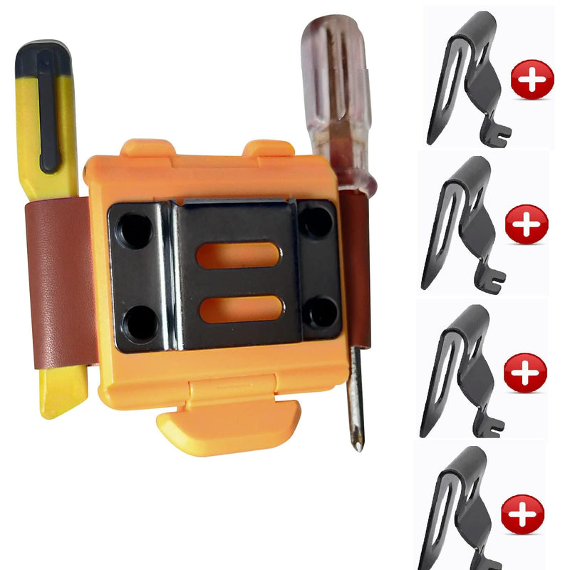Tape Measure Holster with 4 Drill Clip, Tape Measure Holder Belt, Drill Holster Belt Clip, Drill Holster with Tool Belt Hook, Free Your Hands. Yellow Drill Holster + Leather Pen Holder + 4pcs Drill Bit Hook