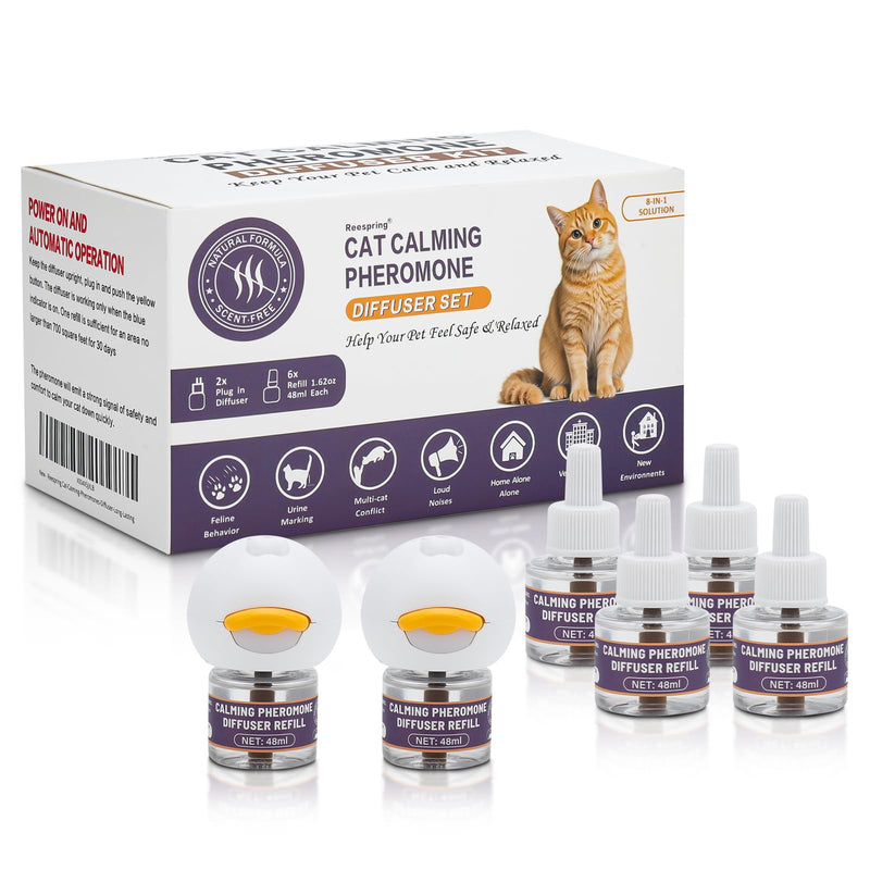 Reespring Cat Pheromones Calming Diffuser: Premium Pheromone Diffuser for Cats - Cat Pheromones Diffuser - Cat Calming Diffuser - Cat Calming Pheromone Diffuser (2 diffusers+ 6 Refills-Upgraded)