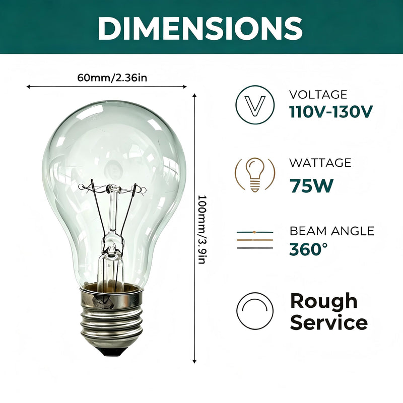 75W A19 Incandescent Light Bulbs E26 Rough Service Clear 6 Pack | Reinforced filament for ceiling fans & vibration fixtures. 2700K warm white, CRI 100, clear glass, flicker-free dimmable