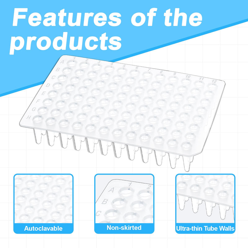 0.2ml 96-Well PCR Plates, Non-Skirted, Clear Polypropylene PCR Plate, 10 Plates Ultra-Thin Wall Tubes, DNase/RNase Free 0.2mL