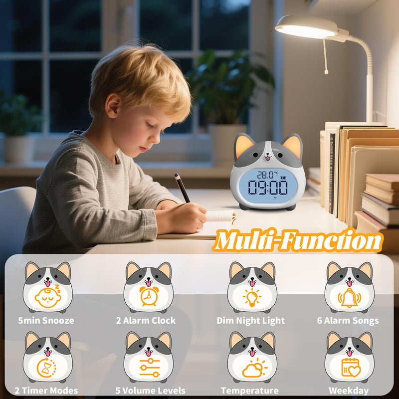 AVEKI Alarm Clocks for Kids - Cute Dog Clock with Night Light, 6 Alarm Tones, Snooze, Timer, Date and Temperature Display - Rechargeable Battery Operated Digital Clocks for Bedroom Kids Room Gray