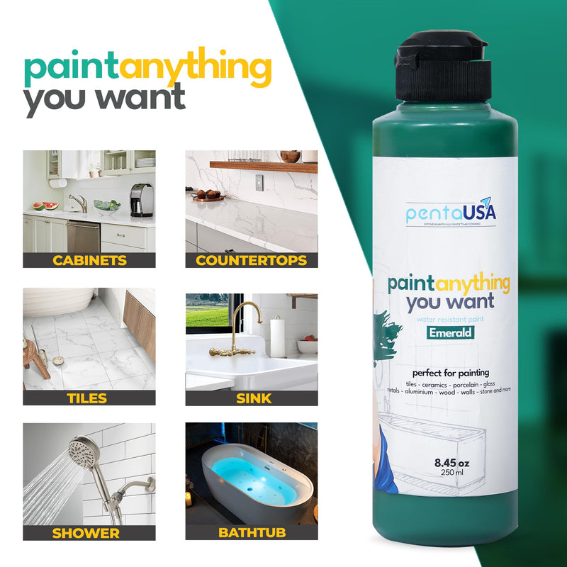 PENTAUSA All in One Paint - Emerald Waterproof Paint for Bathroom, Tub, Tile, Sink, Kitchen Cabinets, Countertops, Wet Surface, 8.45oz