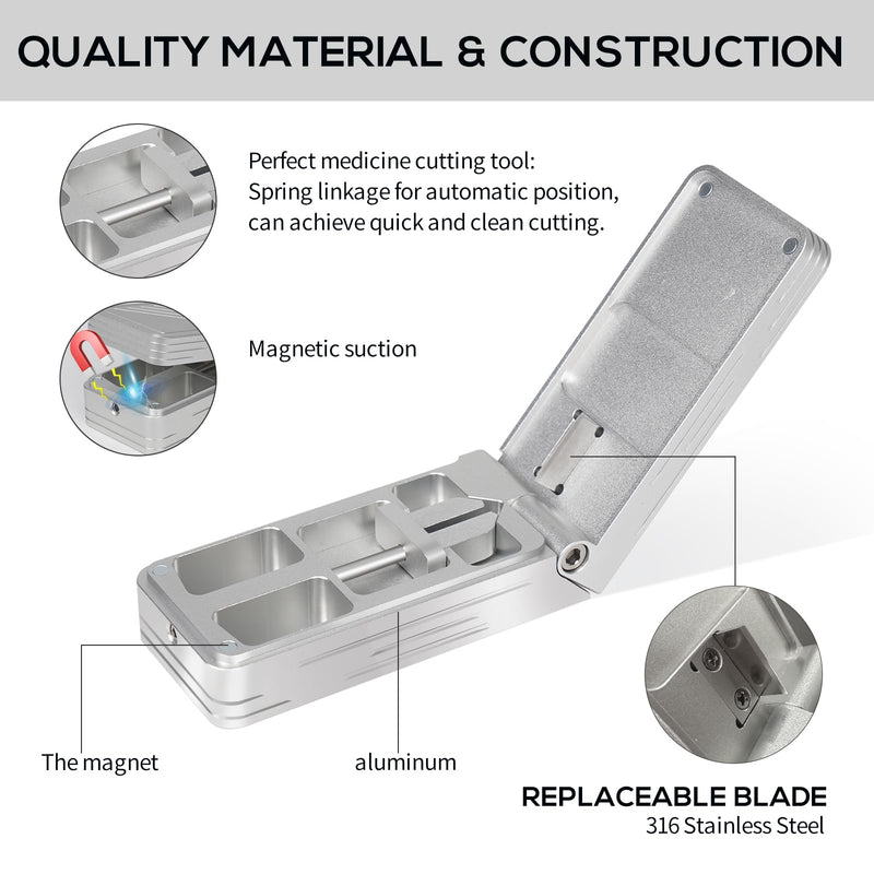Pill Cutter for Small and Tiny Pills, Professional Aluminum Pill Splitter with Auto Centering Device and 2 Replaceable Stainless Steel Blades, Portable Pill Splitter with PU Case (Silver) Silver