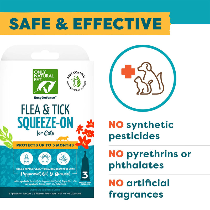 Only Natural Pet Flea and Tick Prevention for Cats - EasyDefense Flea Remedy - Natural Flea Treatment Control Squeeze-On Drops - Tick and Flea Protection - Three Months Supply (Single)