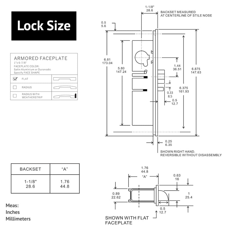 elox Narrow Stile Aluminum Door Mortise Deadlatch Lock, Handing Reversible Latch, 1-1/8" Backset, w/Aluminum & Bronze Duronodic Finish faceplate, Without Cylinder and Without Keys Silver