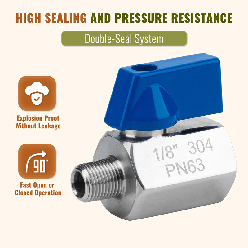 2 Pack 1/8" Mini Ball Valve, 304 Stainless Steel Valve NPT Female x Male Thread Shut-Off Valves for Small Compact Space (2, 1/8 Inch) 2