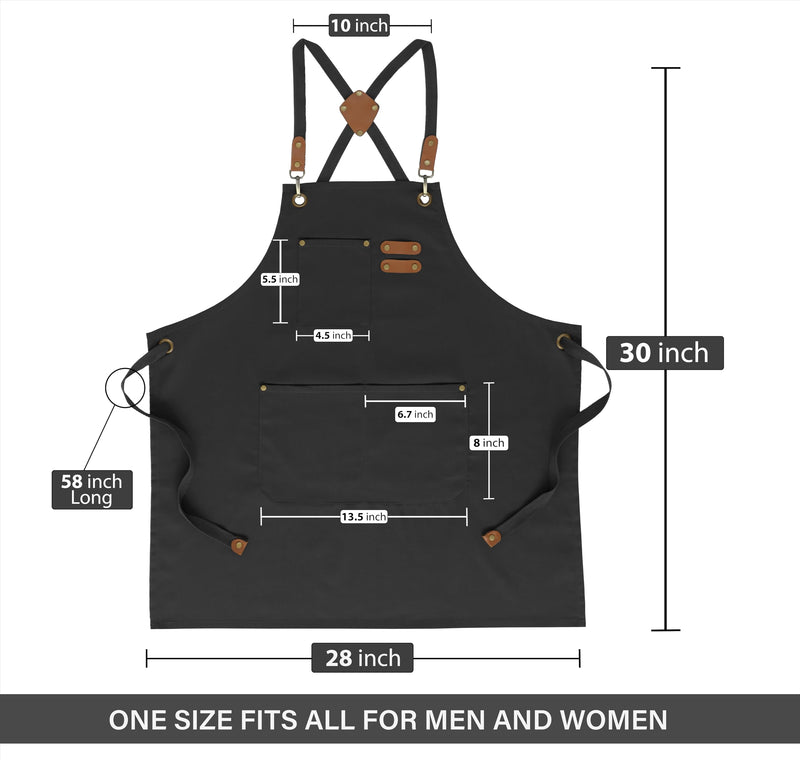 RUVANTI Work Apron for Men, Oil & Water Repellent, Poly Cotton Cross Back Aprons for Women with Pockets, Adjustable up to XXL Black - 3 Pockets - Pack of 1 Water Repellent Apron
