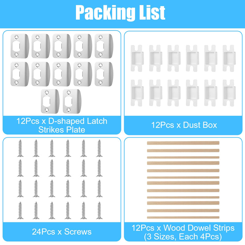 12 Pack Door Strike Plate Repair Kit - Stainless Steel Door Latch Restorer & Reinforcement Plate with Dust Box, Screws & Wood Dowels for Home, Office Doors Frame Fix (Silver)