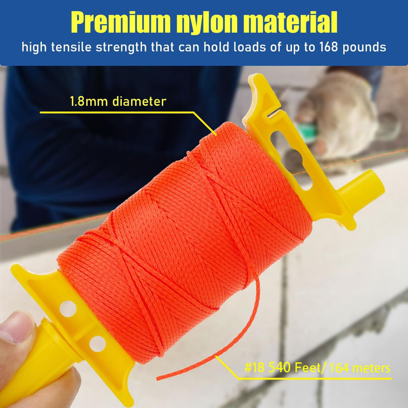 LURKA Mason Line String,#18 540 Feet Braided Construction Nylon Line with 5 Built-in Levels and Spool Fluorescent Orange String Line for Precision Work, DIY, and Gardening Projects
