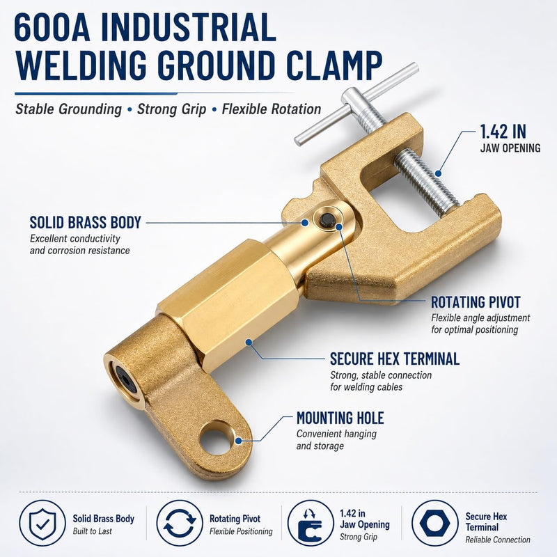 Welding Ground Clamp 600A Brass Ground Welding Earth Clamp, Portable Earth Ground Copper Grip for Welding Fixed