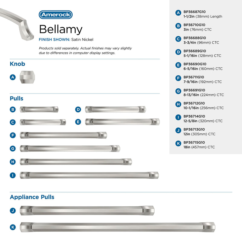 Amerock Bellamy 10-1/16 inch (256 mm) Center-to-Center Satin Nickel Cabinet Pull, BP36712G10