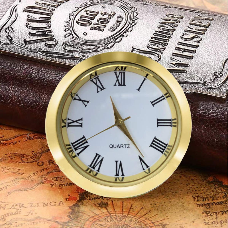 HILLHOME Mini Clock Insert 1-1/2 Inch (37 mm) Round Quartz Movement Miniature Clock White Face Gold Tone Bezel Roman Numerals Fit 35 mm Diameter Hole 1 7/16 Inch/37mm