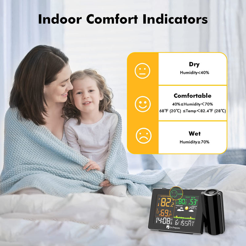 DR.PREPARE Projection Alarm Clock, Adjustable Projection Focus, Wireless Indoor Outdoor Temperature Humidity Monitor, 180° Projector, Snooze, Weather Forecast, Dual Alarms for Bedroom, Heavy Sleeper Upgrade