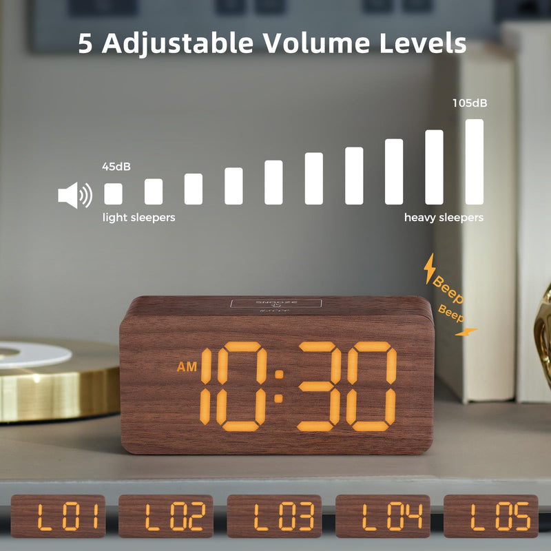 uscce Wooden Digital Alarm Clocks for Bedrooms: Dimmable Dual Alarm Clock with Large Numbers for Bedside Desk - Loud Alarm for Heavy Sleepers with Volume Control - Wood Decor & Gifts Brown - Amber Digits (Plug-in)
