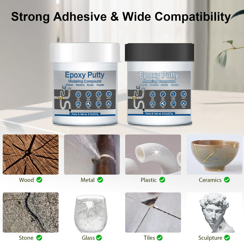 Epoxy Putty, 16 oz AB Metal Epoxy Filler Putty Fast Repair Self-Hardening Pool Putty for Leaks Underwater High Adhesive Epoxy Sculpt Clay for Metal Wood Tile Repairing, Bonding, Sculpting White