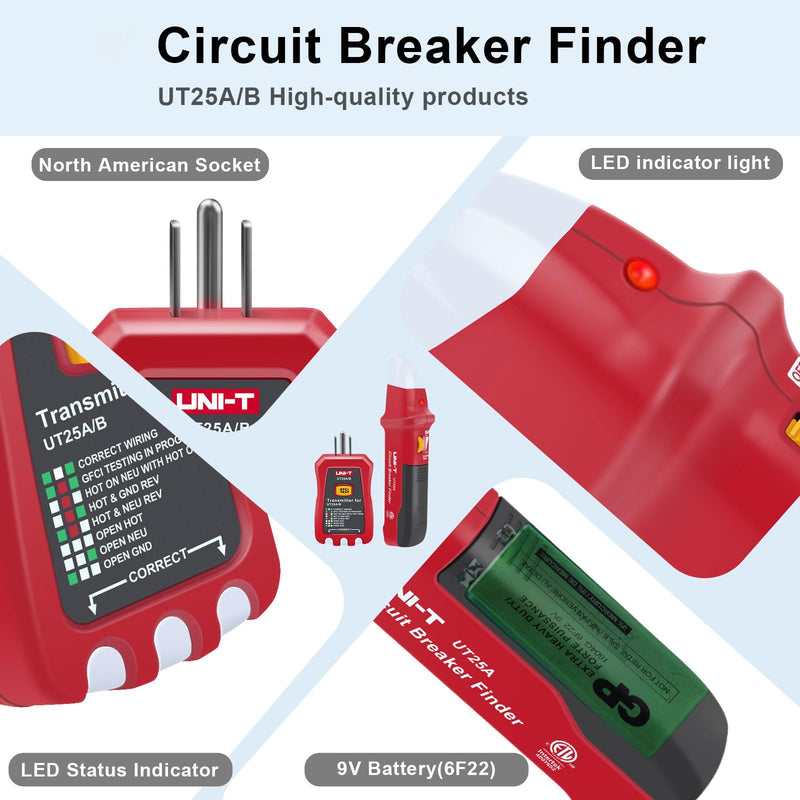 UNI-T AC Circuit Breaker Finder and Tracer Tool Kit with Electrical Integrated GFCI Outlet Tester, AC 90-120V USA Plug + Adjustable Sensitivity Beeper Indicattion+ Flashing LED Light - UT25A