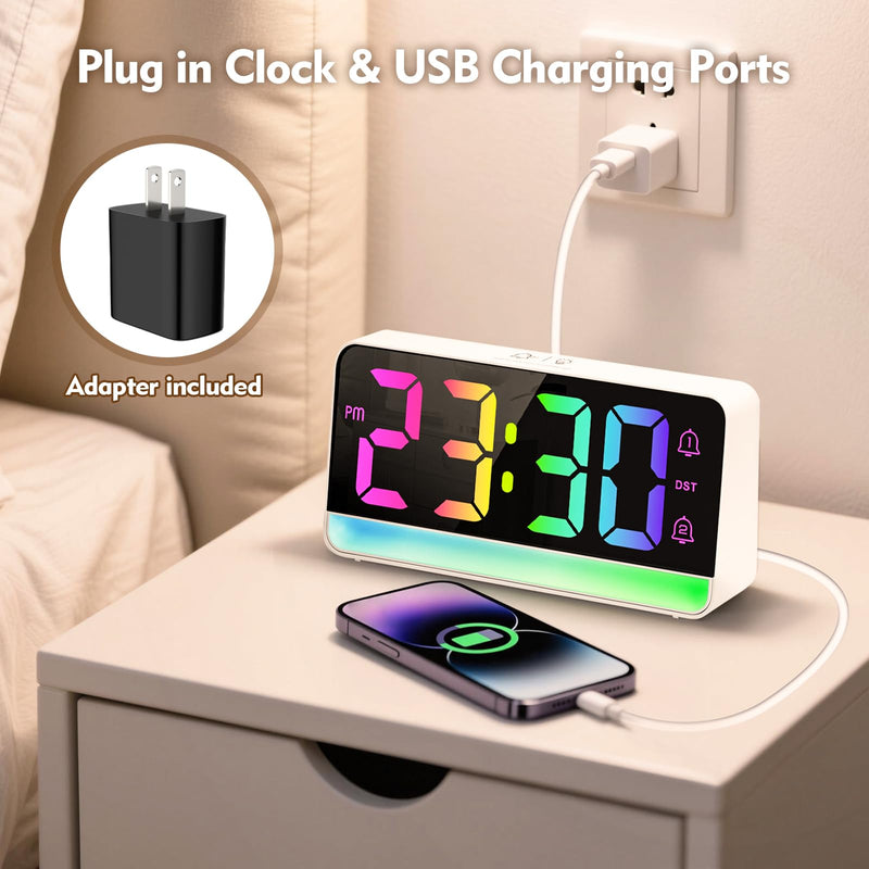 ALANAS Large RGB Digital Alarm Clock with Dynamic Color Changing Mood Lights, Dual Alarms, Snooze, Adjustable Volume & Brightness, DST, USB Ports, Bedrooms Clocks for Heavy Sleepers, Adults, Teens Rgb-white