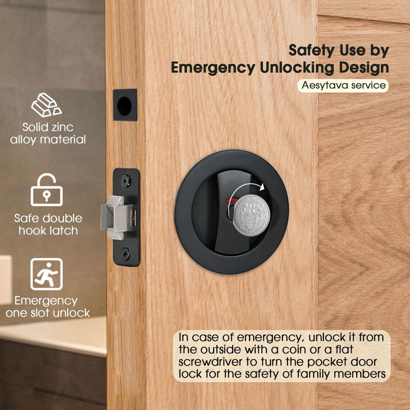 Matte Black Pocket Door Hardware with Indicator, Heavy Duty Round Pocket Door Lock, Pocket Door Hardware Black, Solid Pocket Door Hardwares for Bathroom(1 Pack) 1 Pack 2 3/8" Backset Matte Black