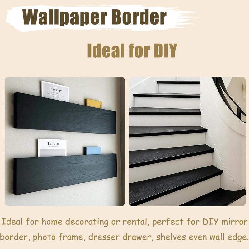 Black Wood Mirror Frame Border - 393.7"x3.9" Wallpaper Border Peel and Stick - Self-Adhesive and Removable Wood Grain Mirror Frame Wallpaper for Bathroom Waterproof Mirror Border Peel and Stick Tape