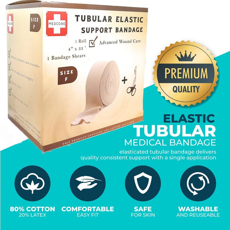 Premium Elastic Tubular Medical Bandage Size F Stockinette, 4 inches x 33 Feet Plus One Pair of Medical Scissors Size F (4.0" x 33')