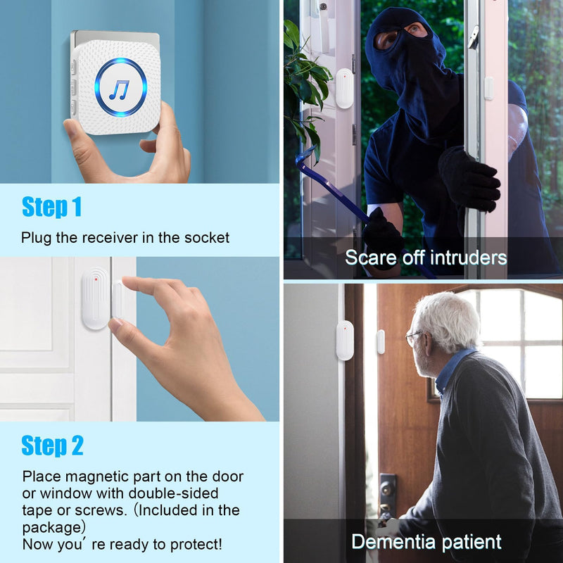 SanJie Door Chime, Door Open Contact Sensor Alarm for Business/Store/Home/Office When Entering, with 500 FT Range,26 Chimes 5 Adjustable Volume 2 Receivers +2 Sensors 2 Sensors + 2 Receivers