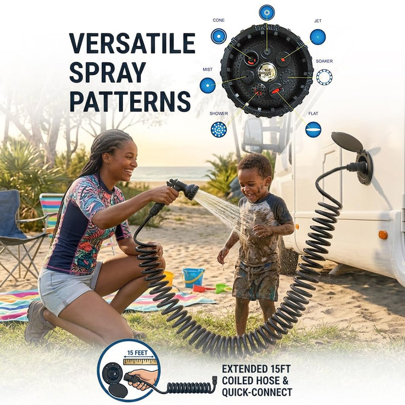 Dura Faucet DF-SA187-BK RV Exterior Quick Connect Sprayer with 7 Spray Settings and Coiled Hose Kit (Black) Black