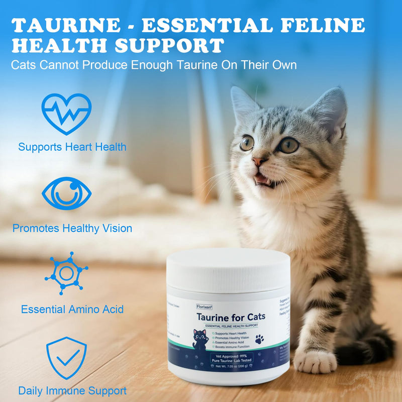 Taurine for Cats, Cat Taurine Supplement for Heart, Vision, Coat Support, Easy to Mix in Food, Unflavored Taurine Powder for All Ages Including Kittens – 200g(7 oz)