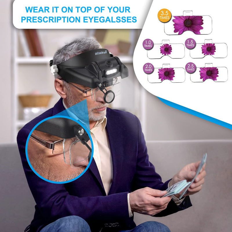 Head Magnifying Glasses with Light, Rechargeable Lighted Magnifying Glass 1X to 14X for Close Work, Magnifying Headset with Detachable Lens,Hands Free Head Magnifier for Jewelers Hobby Crafts Black
