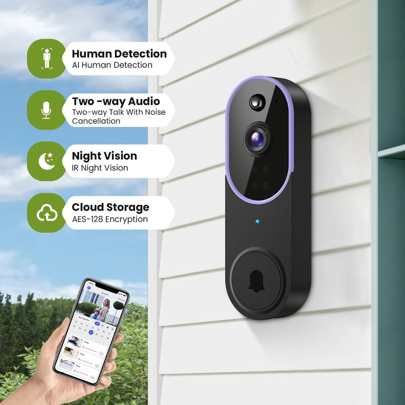 1080P Wireless Video Doorbell Camera, Smart Outdoor Surveillance Cam, FHD Live View, Cloud Storage, AI Human Detection, Instant Alert, Night Vision, Two Way Audio, 2.4G WiFi Only (Purple) Purple