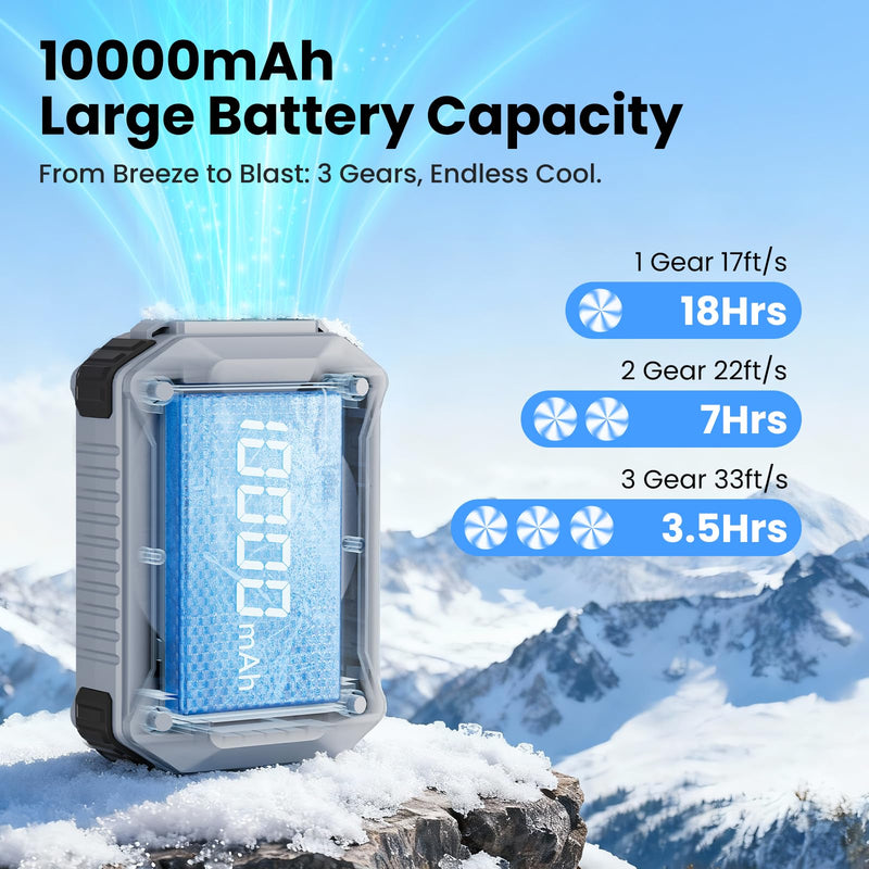 AI Portable Fan Rechargeable, 10000mAh Waist Fan with Flashlight [18H Working Time], 3 Speeds Strong Airflow Wearable Personal Clip on Shirt for Outdoor, Jobsite, Farms, Traveling, Fishing Grey
