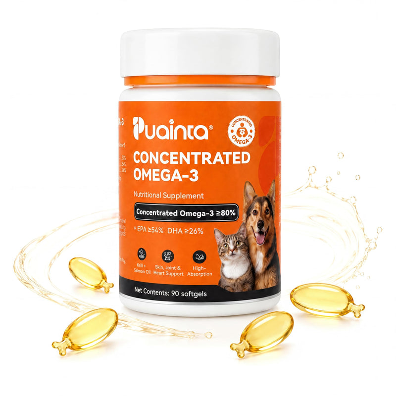 PUAINTA Omega 3 Fish Oil for Dogs & Cats, 80% EPA DHA, Skin & Coat, Itch & Shedding Support, Joint & Immune Health, Wild Icelandic Fish & Krill Oil Softgels (90 Count) 90 Count