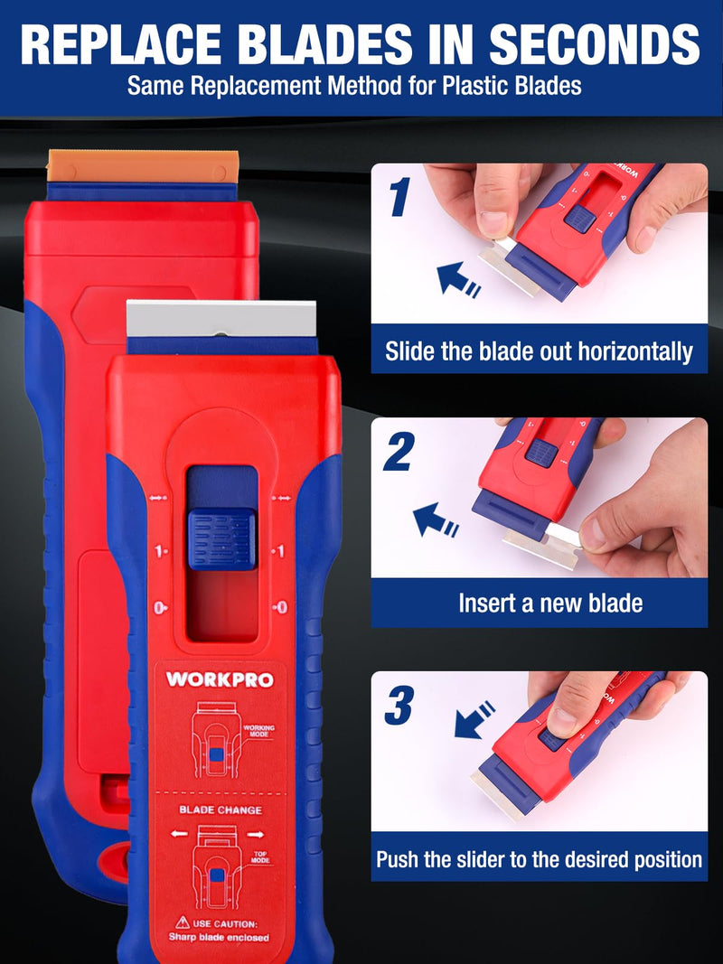WORKPRO 2-Pack Retractable Razor Scrapers with 182 Metal & Plastic Blades 2 Pack + 182 Blades