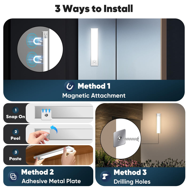 Under Cabinet Lights, 68-LED Rechargeable Battery Operated Motion Sensor Lights Indoor, 1800mAh Magnetic Dimmable Closet Lights, 3 Color Wireless Under Counter Night Lights for Kitchen Stair, 3 Packs 8 inch