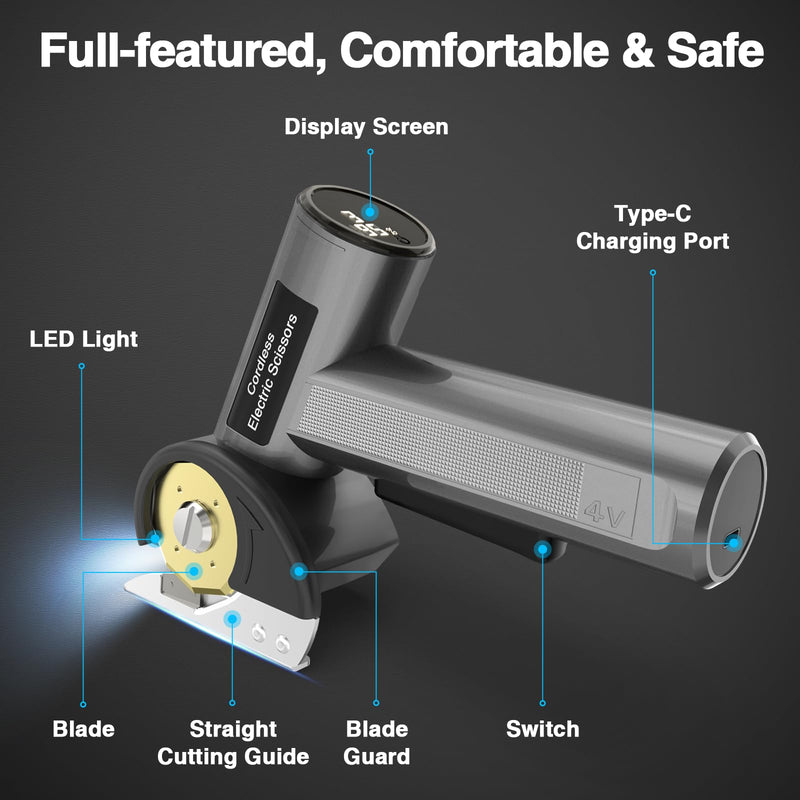 5-Speed Cordless Electric Scissors, 3000mAh electric box cutter with Work Light, Heavy Duty Fabric & Cardboard Cutter, One-Hand Handheld Electric Shears for Fabric, Plastic & DIY Projects, Work Light