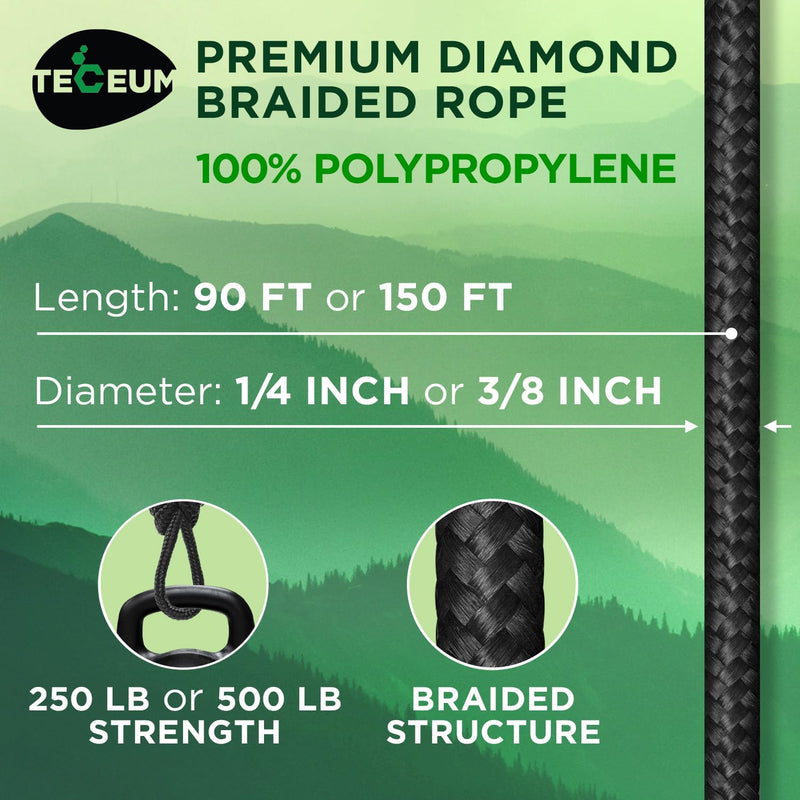 TECEUM Rope – 1/4” & 3/8” – 90 FT | 150 FT – Strong All-Purpose Utility Rope – Camping, Crafting, Flag Pole, Indoor & Outdoor – Polypropylene Nylon Poly Lightweight Diamond Braided Cord – Black 1/4" - 90 FT (27.5M)