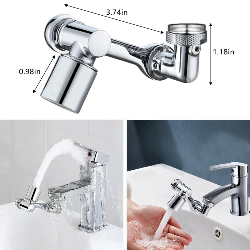 1080°Swivel Faucet Extender, Sink Water Faucet Aerator Extension in Brass, Swivel Robotic Arm Bathroom Faucet Extender, Kitchen Rotating Extension Filter with 2 Mode Splash Silver-1080°