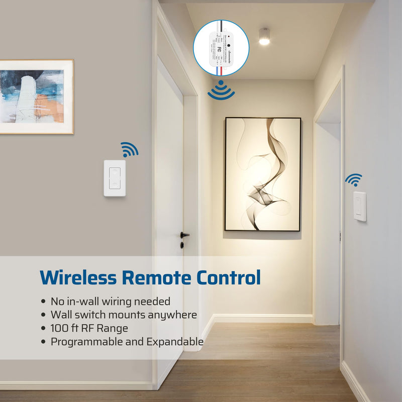 DEWENWILS Wireless Light Switch and Receiver Kit, No in-Wall Wiring Required,Remote Control Wall Switch Lighting Fixture for Ceiling Lights, Fans, Lamps,100 Ft RF Range, Programmable 1 Pack Switch+1 Receiver
