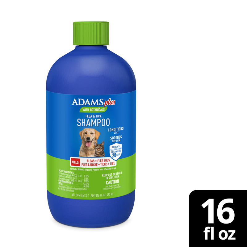 ADAMS Plus with Botanicals Flea & Tick Shampoo for Cats, Kittens, Dogs & Puppies, Flea Shampoo for Flea Infestations, Soothes & Conditions Dry Skin & Coat, Kills Fleas, Flea Eggs, Ticks & Lice, 16 oz 16 Ounces
