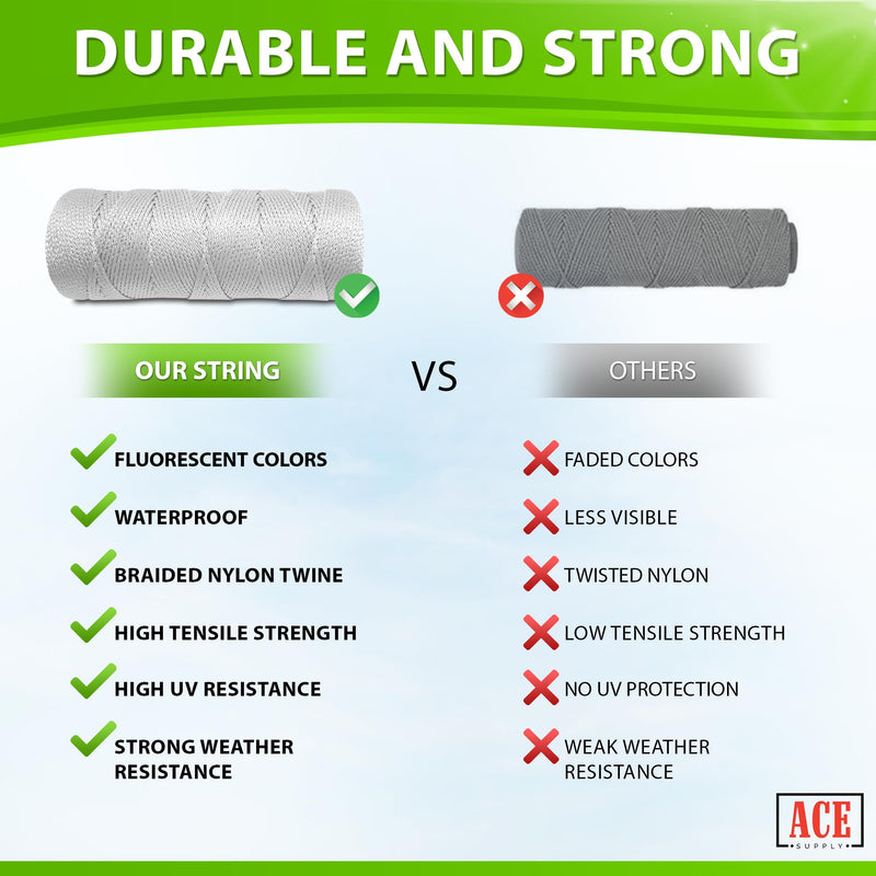 Bright White Mason Line String Line - #18 Braided Nylon String - 250 Ft Length - Nylon Twine for Gardening Or Masonry Tools - Perfect Construction String for A String Level, Twine String for Gardening 250 Ft Roll