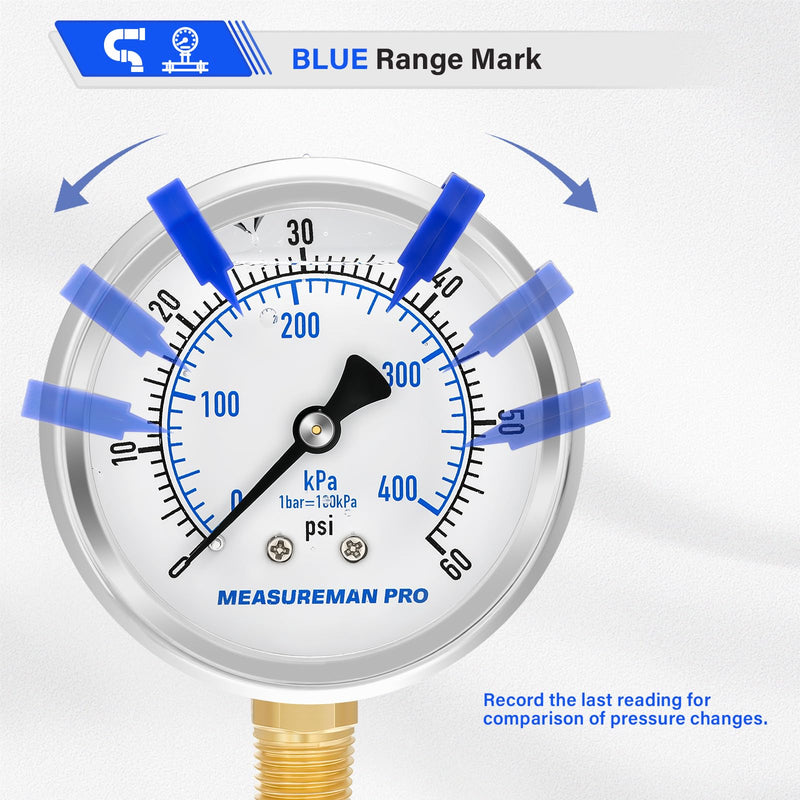 MEASUREMAN PRO 2.5'' Glycerin Filled Pressure Gauge, 0-60psi/kpa, 304 Stainless Steel Case, 1/4" NPT Lower Mount,for Pool Sand Filter, Water Pump, Propane, Coolant, CO2, Gas Test 2.5'' (Lower Mount) 0-60 psi