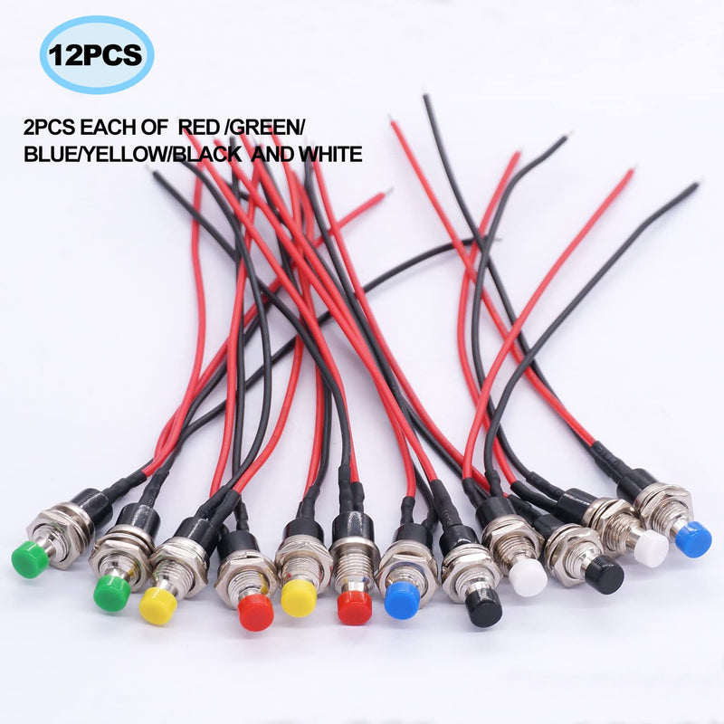 Twidec/12PCS 12V 250V Momentary Push Button Switch 2 Pins SPST 7mm 6 Colors Normal Open 1A Mini Round Button Switch with Pre-soldered Wires PBS-110-X6C Blue+Red+Black+White+Yellow+Green