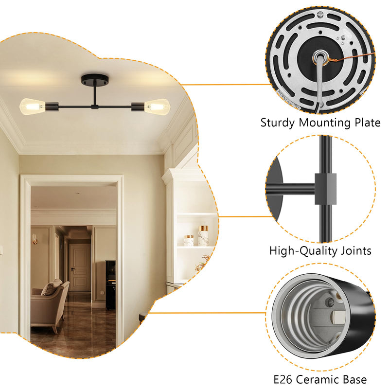 FadimiKoo 2-Light Black Bathroom Light Over Mirror, Modern Sconces Wall Lighting Fixtures, Indoor Semi Flush Mount Ceiling Light for Hallway Bedroom Kitchen (1 Pack) 1 Pack