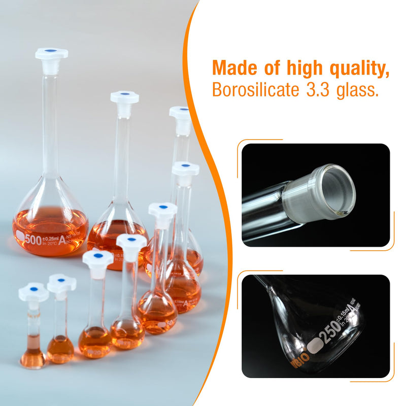 PEKYBIO 200ML Volumetric Flask Set|ASTM Class A 3.3 Borosilicate Glass|Polypropylene Stopper|White Graduation|for Analytical Chemistry Work|2PCS