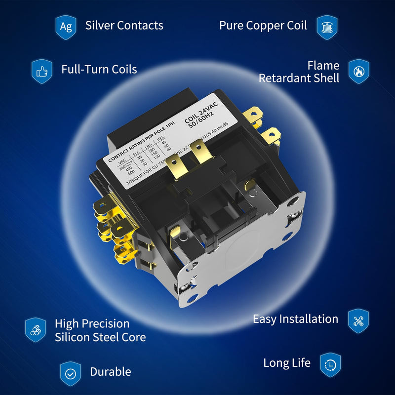 HVAC Motor Contactor, 2 Pole 40 Amp 24V Air Conditioning Contactor, Compatible with Air Conditioning Condenser Compressor Contactor. 2P 40A