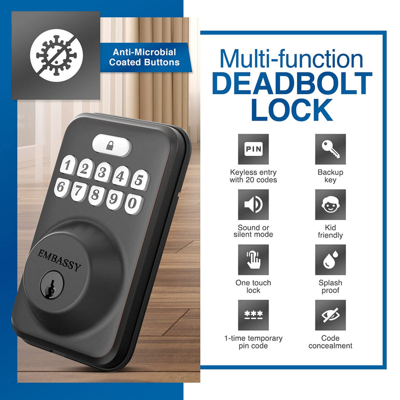 Embassy Door Lock Electronic Keyless Entry with Antimicrobial Illuminated Keypad Security Deadbolt Lock 20 User Codes Auto and 1-Button Locking Front Door Garage or Office (US10b) Oil Rubbed Bronze