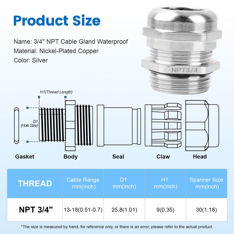 4 Pcs 3/4" NPT Nickel-Plated Copper Waterproof Cable Gland, IP68 Waterproof Adjustable Cable Glands, Strain Relief Cord Grip Connectors with Gaskets and Locknut for 13-18mm Cable Diameter