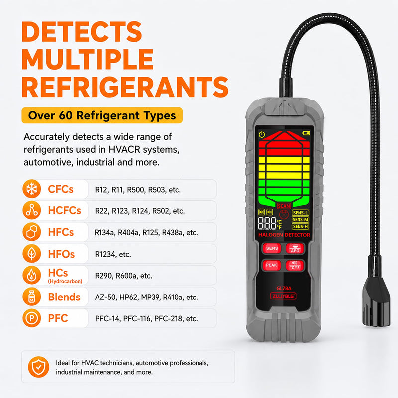 GL78A Halogen Leak Detector, Refrigerant Gas Leak Tester for HVAC R22 R32 R134a R410A, with Flexible Probe, 3 Sensitivity Levels, Audible & Visual Alarm for AC Automotive Industrial Use-Gray gray