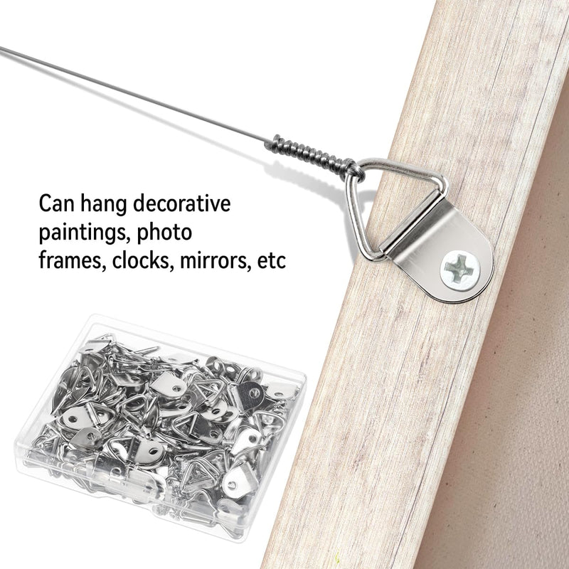 100 Pack Steel Picture Hangers with 100pcs 8mm Screws, Small Triangle Ring, Light Duty D Rings for Clock, Decoration, Mirror, Paintings, Artwork Picture Frame (Silver) Silver